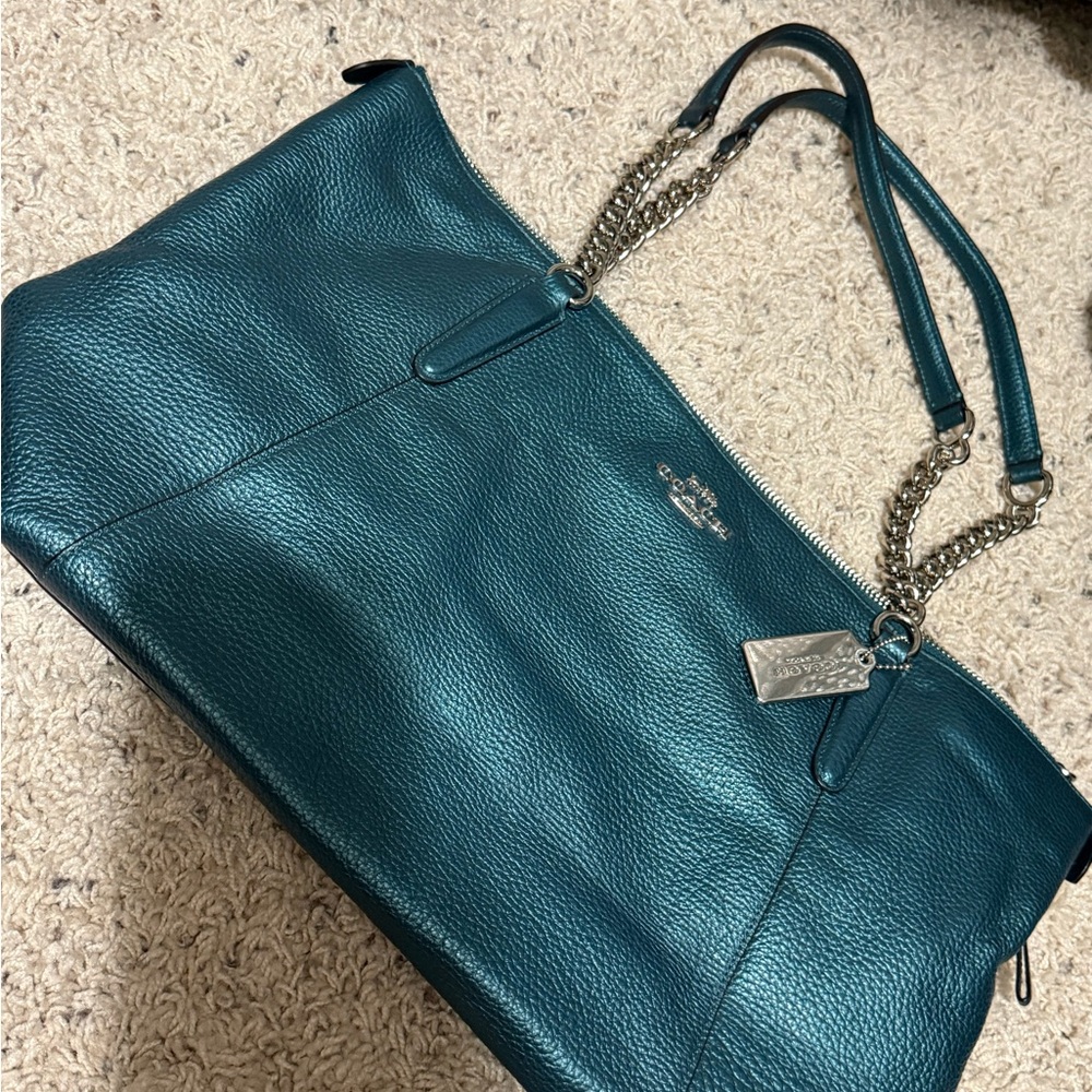 Coach Dark Teal Leather Tote with Chain Handles